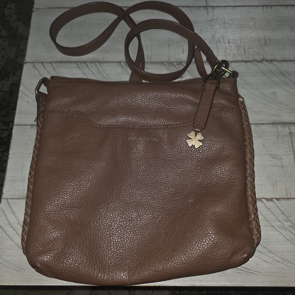 Pebbled Leather Crossbody Bag in Brown with Braided Trim